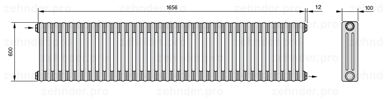Схема (чертеж) Радиатор Zehnder Charleston 3060/36 №1670 Белый глянцевый RAL 9016